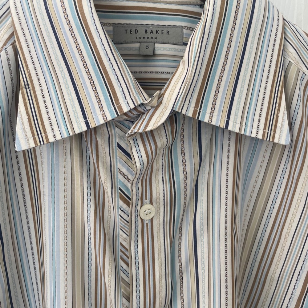 Ted Baker London Mens Size 5 XL Striped Button Down‎ Shirt Cotton Blue Brown Tan